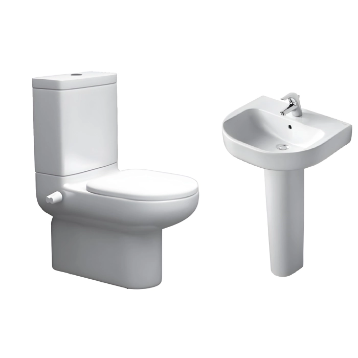 طقم حمام بلايا مرحاض ملاصق للحائط G4921-G4922 بالحزان و السيديلى العادى و حوض J5013 مقاس 65 سم بالعامود الطويل من أيديال ستاندرد