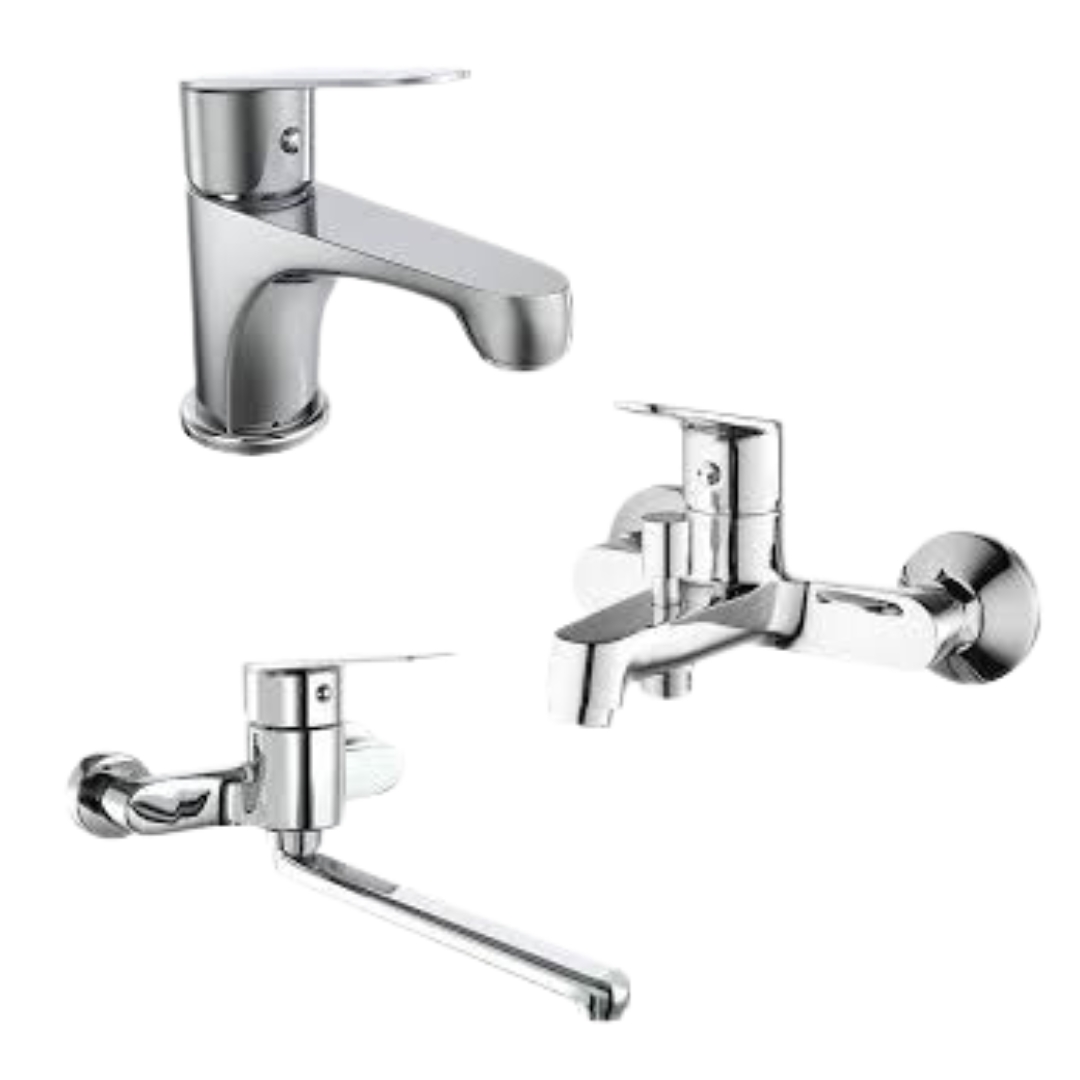 طقم خلاط 3 قطع ( خلاط بانيو امباير EMP-0105 و خلاط حوض امباير EMP-0104 و خلاط مطبخ حائطى امباير EMP-0107 ) اللون كروم من جواد