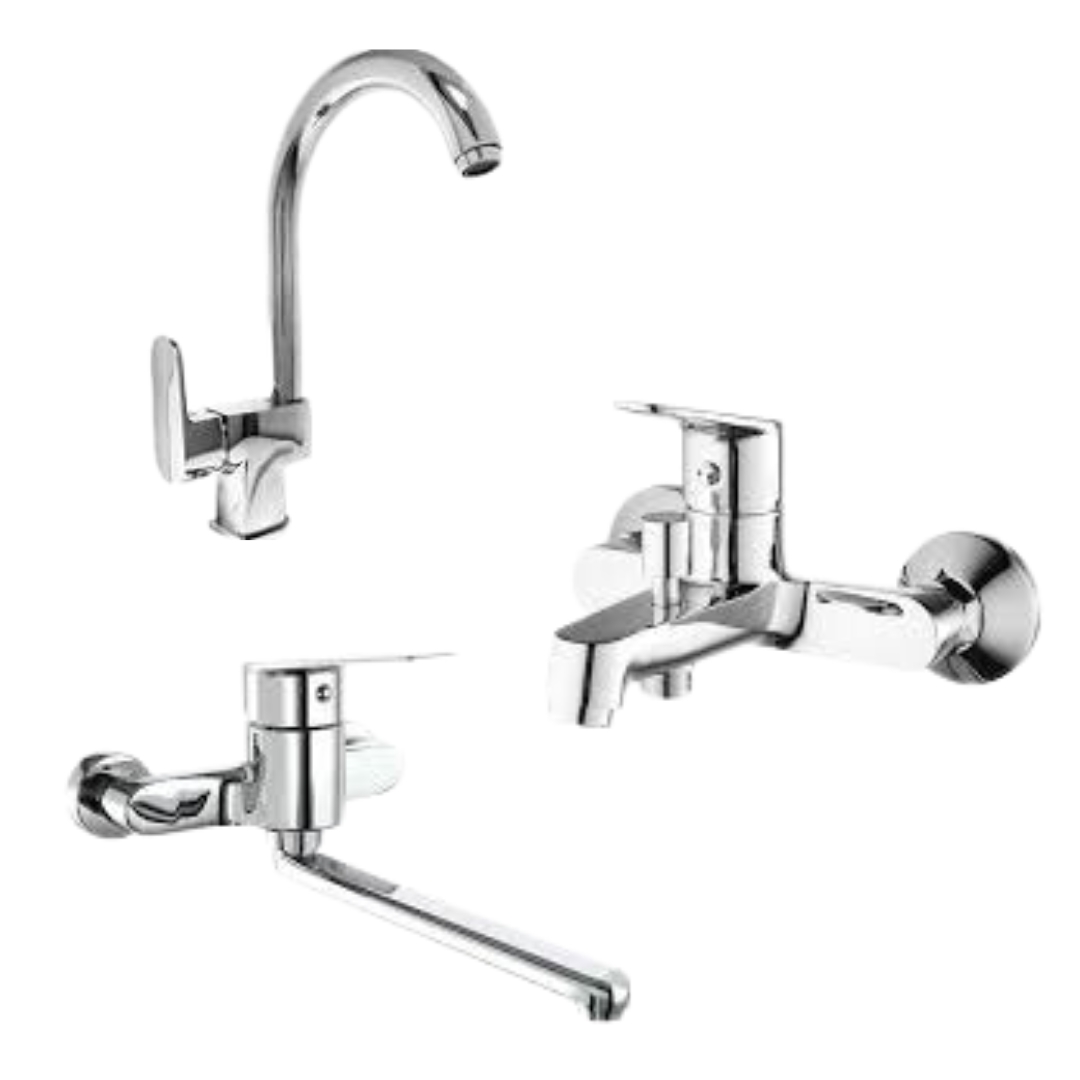 طقم خلاط 3 قطعة ( خلاط بانيو امباير EMP-0105 خلاط مطبخ حائطى امباير EMP-0107 خلاط حوض لافادورا LVD-0019 ) اللون كروم من جواد