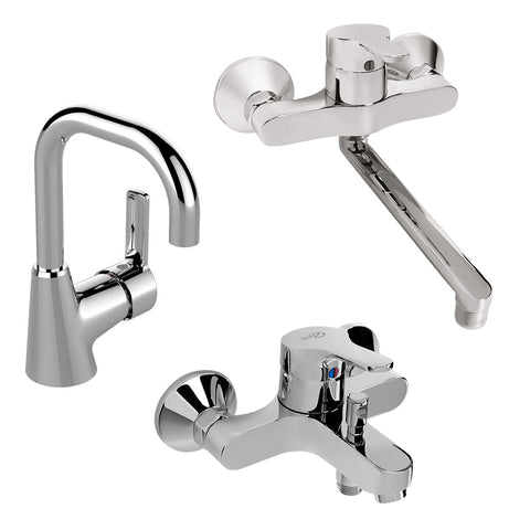 طقم خلاطات سليم لاين مع أيديال ستريم (خلاط بانيو B8587AA و خلاط حوض 1263 (BC980AA) و خلاط مطبخ حائطى B8599AA ) اللون كروم من أيديال ستاندرد