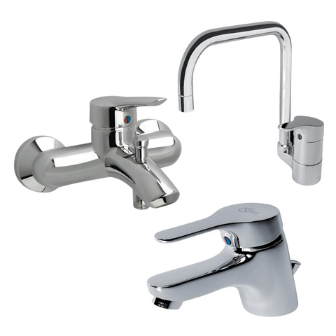 طقم خلاط 3 قطعة ( خلاط بانيو يوروستورم B7841AA خلاط مطبخ سليم لاين B0561AA خلاط حوض سليم لاين B8577AA ) اللون كروم من أيديال ستاندرد