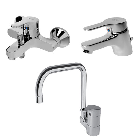 طقم خلاطات سليم لاين 3 قطع (خلاط بانيو 8587 و خلاط حوض 8577 و خلاط مطبخ شجرة قنطرة عالية 0561 ) اللون كروم من أيديال ستاندرد