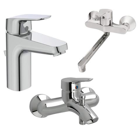 طقم خلاط 3 قطعة ( خلاط بانيو يوروستورم B7841AA خلاط مطبخ حائطى سليم لاين B8599AA خلاط حوض سيرافليكس B1713A ) اللون كروم من أيديال ستاندرد