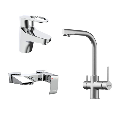 طقم خلاط 3 ( خلاط بانيو سنترينو SAN-0035 خلاط حوض سيراميكس GX-0064 خلاط مطبخ شداد سافا SV-0038 ) اللون كروم من جواد